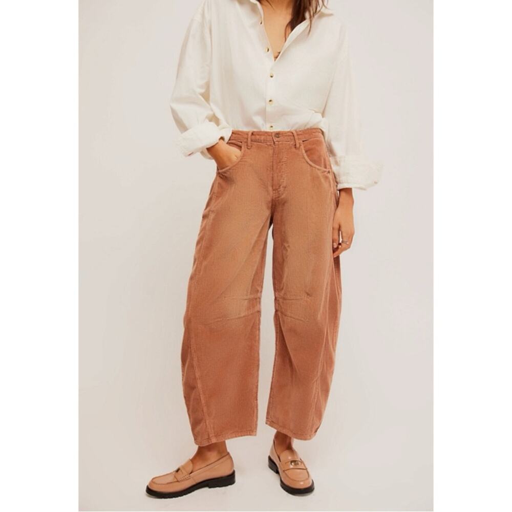 Free People Good Luck Cord Barrel Jeans Tan Brown Neutral Size 27 Corduroy - Picture 3 of 15